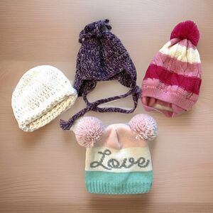 Toddler Child Baby Girl Hats 6-24 Months Crochet Winter Love (Lot Of 4)